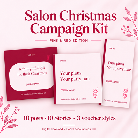 Salon Christmas marketing kit in pink and red with editable Canva designs