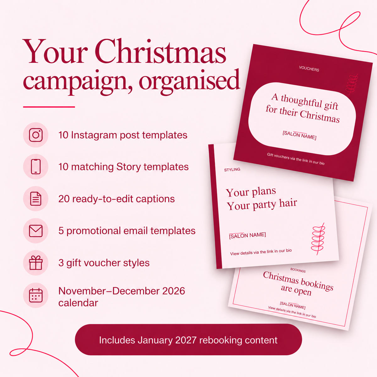 Contents of the salon Christmas kit including posts, Stories, captions, emails and vouchers