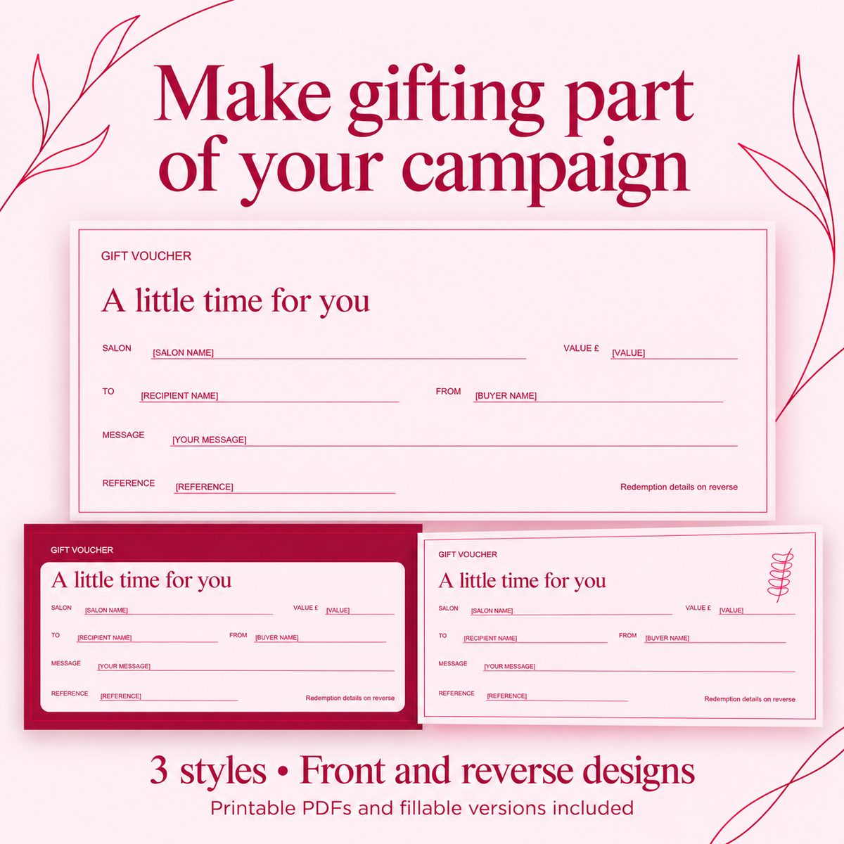 Three gift voucher designs included in the salon Christmas kit