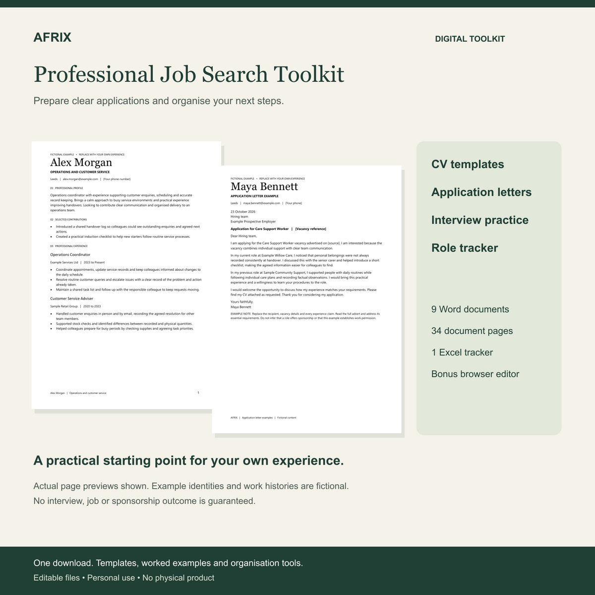 01 Toolkit Overview — actual AFRIX toolkit files and fictional examples