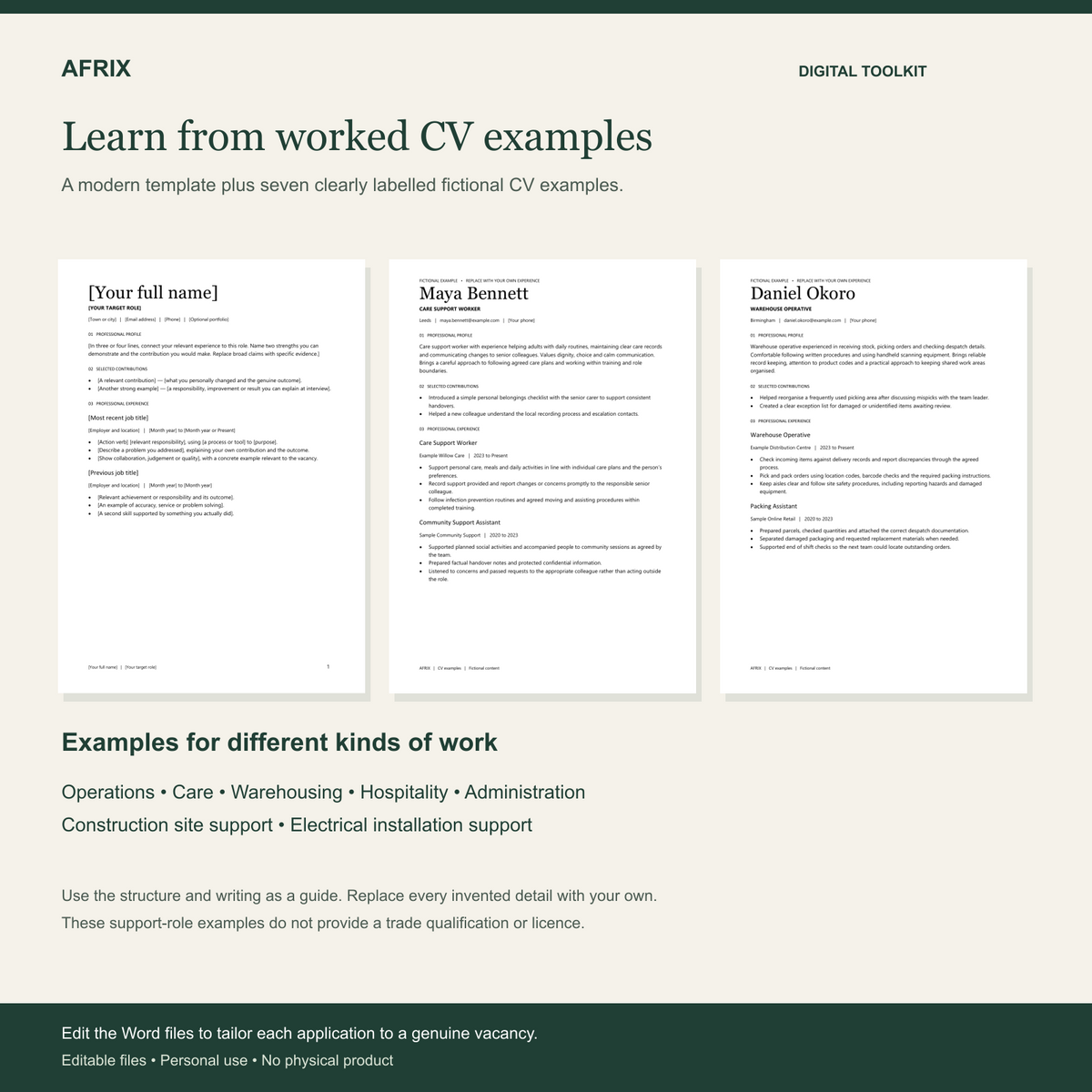 03 CV Examples — actual AFRIX toolkit files and fictional examples