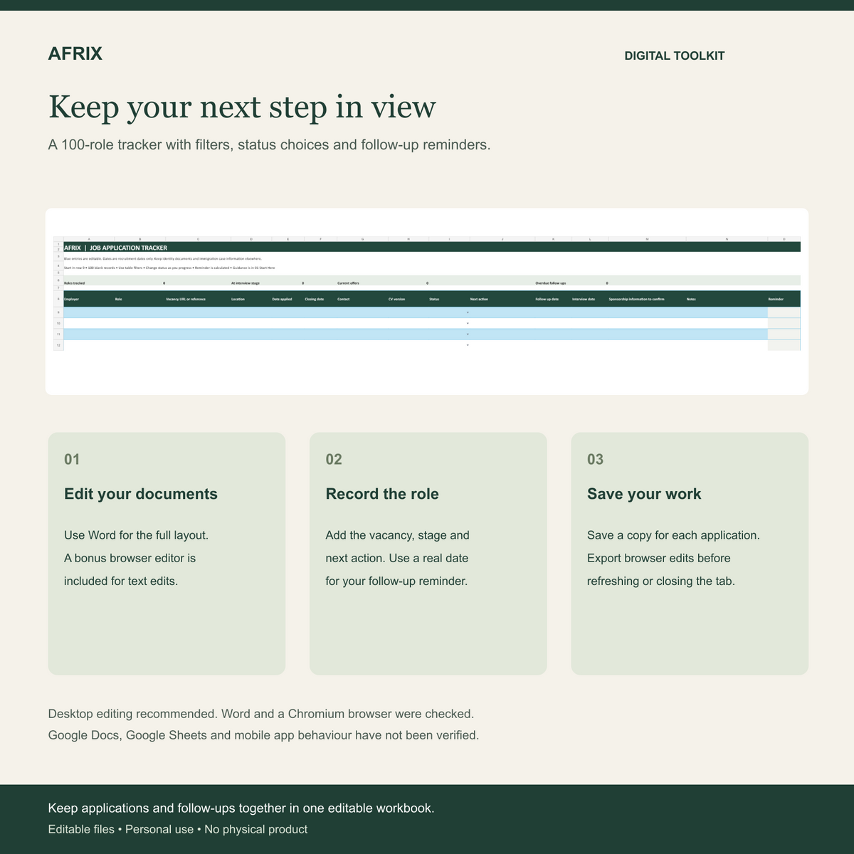 05 Tracker And Editing — actual AFRIX toolkit files and fictional examples
